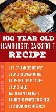 the recipe for this hamburger casserole is shown in red and orange, with instructions to make it