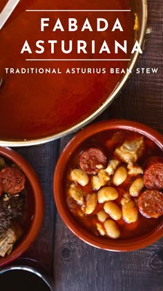 two bowls filled with food sitting on top of a wooden table