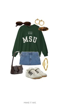 MSU outfit with our green msu crewneck, also available in other colors Michigan State Outfit, Gameday Outfits, College Fits, Outfit Inspo Casual, Simple Trendy Outfits, Gaming Clothes