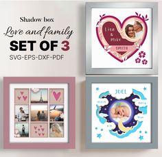 three framed photos with the text shadow box love and family set of 3