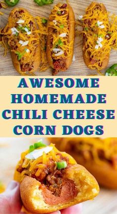 some homemade chili cheese corn dogs are shown with the title above it and below them