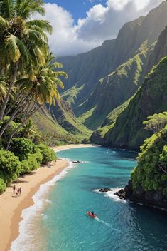 people are on the beach in front of some mountains and palm trees, with a small boat