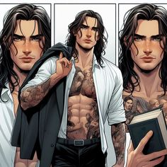 a man with long hair and tattoos holding a book in front of another man's chest