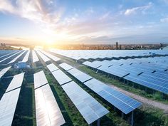 rows of solar panels in a field with the sun setting behind them and buildings in the distance