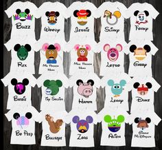 mickey mouse tshirt with the names of each character and their name on them