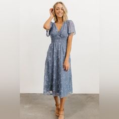 Baltic Born Blue Dress. New With Tags. Would Be A Great Wedding Guest Dress. Floral Burnout Chiffon Material Smocked Waist At Front And Back Fully Lined Except Sleeves Button And Keyhole At Back Neck V-Neck With Bust Pleat Detail Dusty Blue Wedding Guest Outfit, Lisa Baby, Wedding Dress Code, Smart Casual Dress, Midi Dress Blue