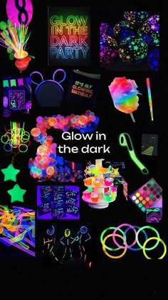 glow in the dark party supplies are displayed on a black background with text that reads glow in the dark