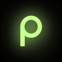 the letter p is lit up in the dark with green light on it's side