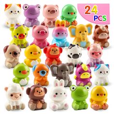 many different toy animals are shown together in this image with the words, 24 pcs