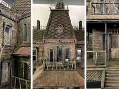 three different views of an old house with ivy growing on the roof