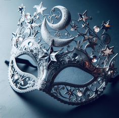 Moon Themed Jewelry, Celestial Masquerade Mask, Starry Night Masquerade, Costume Mask Ideas, Moon Masquerade Mask, Ball Masks Masquerade, Winter Masquerade, Masquerade Ball Aesthetic