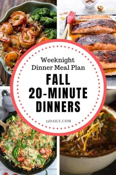 dinner meal plan with text overlay that reads, weeknight dinner meal plan fall 20 - minute dinners