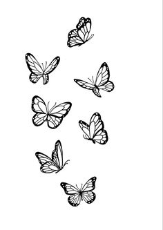 four butterflies flying in the air with one black and white image on it's side