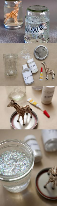 there are several different pictures of objects on the table and in glass bowls, with one small giraffe figurine next to it