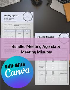 the meeting agenda and meeting minutes are displayed on a table with laptops, coffee cups, and other office supplies