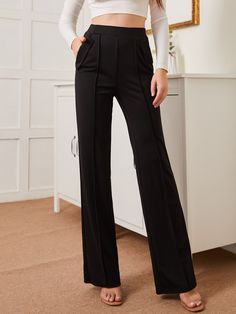 Black Elegant   Polyester Plain Straight Leg Embellished Slight Stretch Spring/Summer/Fall Women Bottoms Black Slacks For Women, Black Slacks Women, Ethereal Dramatic, Slim Pants Women, Black Slim Fit Pants, Formal Pants Women, Black Slim Pants, Meeting Outfit, Boot Cut Pants