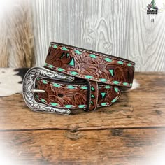 Turquoise Junkie Tooled Leather Belt Western Belt Product Details - Floral tooled leather - Turquoise inlay background - Width about 1.5" - Small: 30” - Medium: 34” - Large: 38” - XLarge: 42” Weastern Belts, Western Belts For Women Outfits, Turquoise Belts, Western Wishlist, Leather Belts Western, Cute Belts, Western Belts For Women, Nfr Rodeo, Country Belts