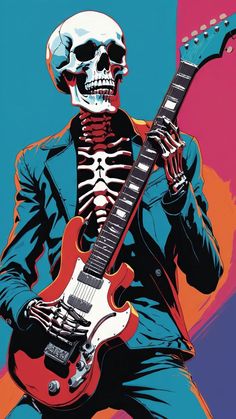 a skeleton playing an electric guitar in front of a blue and pink background with the caption's name on it