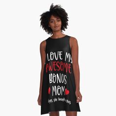 a woman wearing a black dress with the words love my awesome friend and her name on it