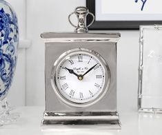 Classic Silver Mantel Clock - Carriage Clock Style Clock In Living Room Decor, Clock In Living Room, Gold Mirror Tray, Silver Desk, Classic Clock, Hamptons Style Home, Notice Boards, Classic Clocks, Face Features