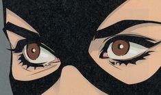 a close up of a person wearing a batman mask with brown eyes and black hair