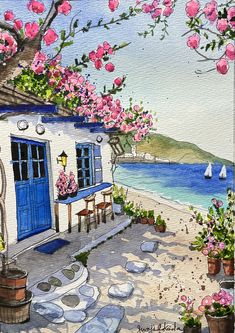 a watercolor painting of a house on the beach with pink flowers growing over it