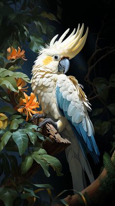 a white and blue parrot sitting on top of a tree branch next to orange flowers