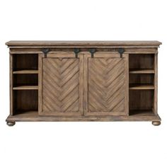 the sideboard is made from wood and has two doors on one side, with metal handles