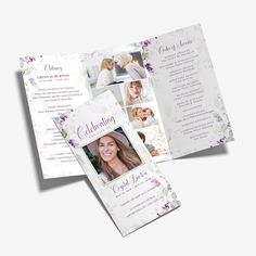 This Purple Lavender Trifold Funeral Program Template is perfect for women, mom, wife, grandmother, sister, daughter or aunt. The template is a FOLDABLE design available as 11x8.5" and A4 size. (unfolded) You can insert your own photos into the service program template and customize all details to suit the Celebration of Life Service. Access your template within minutes of purchase and edit in CANVA. Wording, font and font color can all be edited, you can also add graphics or a background color Slideshow Music, Heart Collage, Photo Slideshow, Brochure Print, Event Template, Memorial Cards, Order Of Service, Trifold Brochure, Change Background