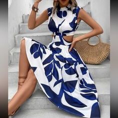 Dresses | Boho Plants Print Cutout Sides Midi Dress | Poshmark Chic Blue Cutout Maxi Dress, Chic Blue Maxi Dress With Cutout, Blue Cutout Maxi Dress For Summer, Blue Cutout Midi Dress For Spring, Blue Cutout Midi Dress For Summer, Flower Print Long Dress, Floral Print Dress Long, Business Formal Dress, Black And White Style