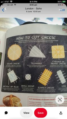 an open book with instructions for how to cut cheese on the page and in english