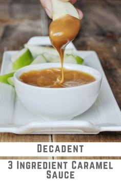 caramel sauce being poured into a white bowl