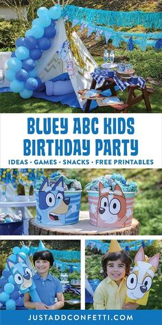 blue and white birthday party with cartoon characters on it, including an inflatable tent