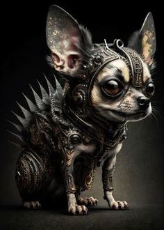 a small dog with spikes on it's head and collar, sitting in front of a black background