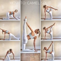 a woman doing yoga poses with her hands in the air