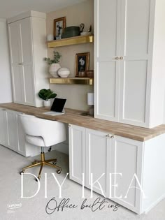 a white desk with a laptop on it and some shelves in the corner behind it