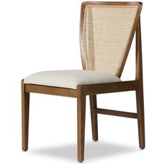 a wooden chair with a beige seat and back cushion on it's side, against a white background