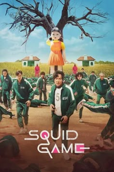 a movie poster for the film squid game with people standing in front of a tree