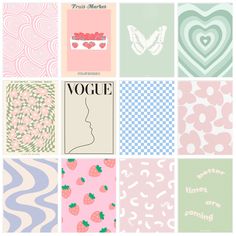 six different patterns with the words voge written in white and blue, pink, green,