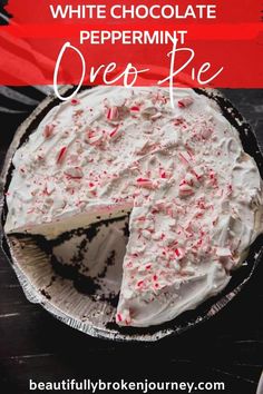 a white chocolate peppermint oreo pie on a plate