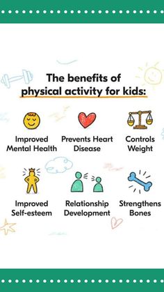 the benefits of physical activity for kids infographical poster on white paper with green border