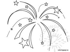 a black and white drawing of fireworks with stars on it's side, in the sky