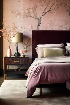 a bedroom with a bed, nightstands and wallpaper in shades of pink on the walls