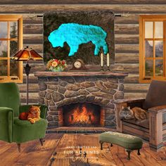 a living room filled with furniture and a fire place in front of a log cabin