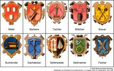 the different types of badges are shown in this image, including one with scissors and other with