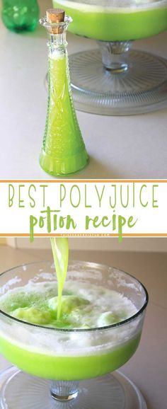 a green liquid being poured into a bowl with the words best polyjuice pottin recipe