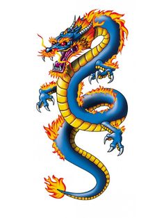 a blue and yellow dragon with red flames on it's tail, sitting in the air