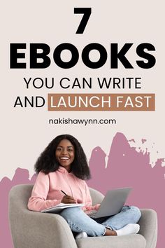 a woman sitting in a chair with her laptop on her lap and the words 7 books you can write and launch fast