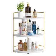 a three tiered shelf with cosmetics and skin care products