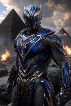 a man dressed in blue and gold standing next to two pyramids with flames coming from them